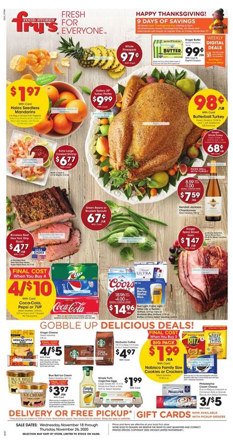 5 days ago · Browse the current Fry’s Food Weekly Ad, valid February 7 – February 13, 2024. Save with this week Fry’s Food Sale Flyer, and get the limited time savings on adult beverages, packaged seafood, fresh meats, pet food & pet toys, artisan breads, and natural & organic groceries. Fry’s Food Weekly Ad & Sales. Check out this week Fry’s Food ... 